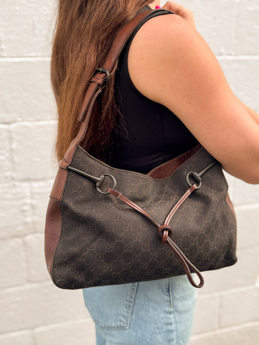 Gucci Brown GG Monogram Horsebit Shoulder Bag