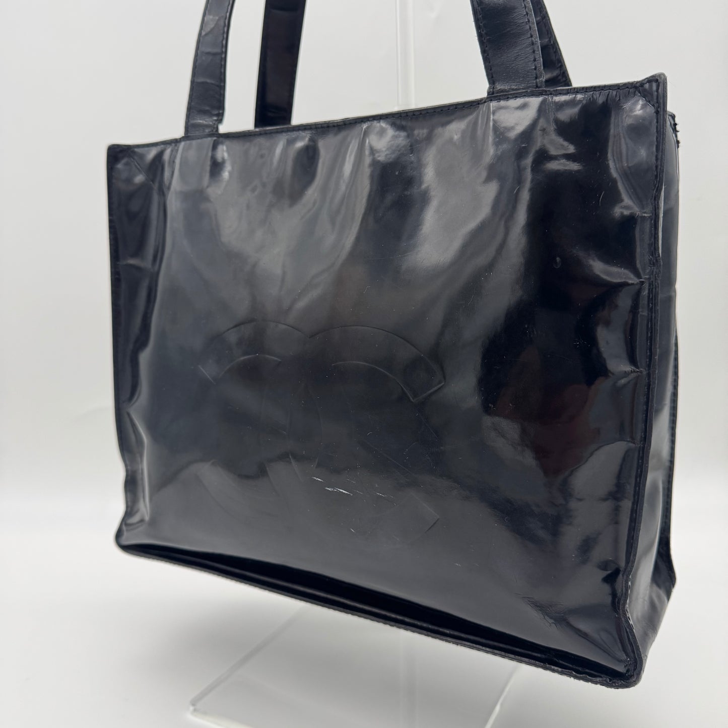 Chanel Patent Leather Logo Tote Bag Black