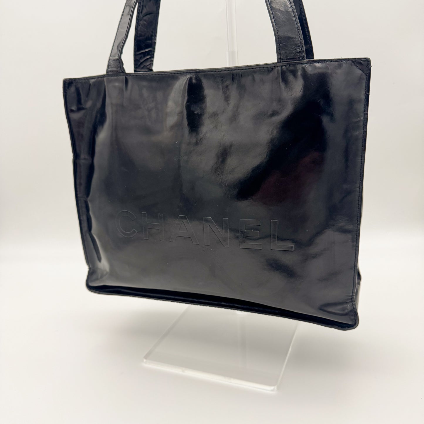 Chanel Patent Leather Logo Tote Bag Black
