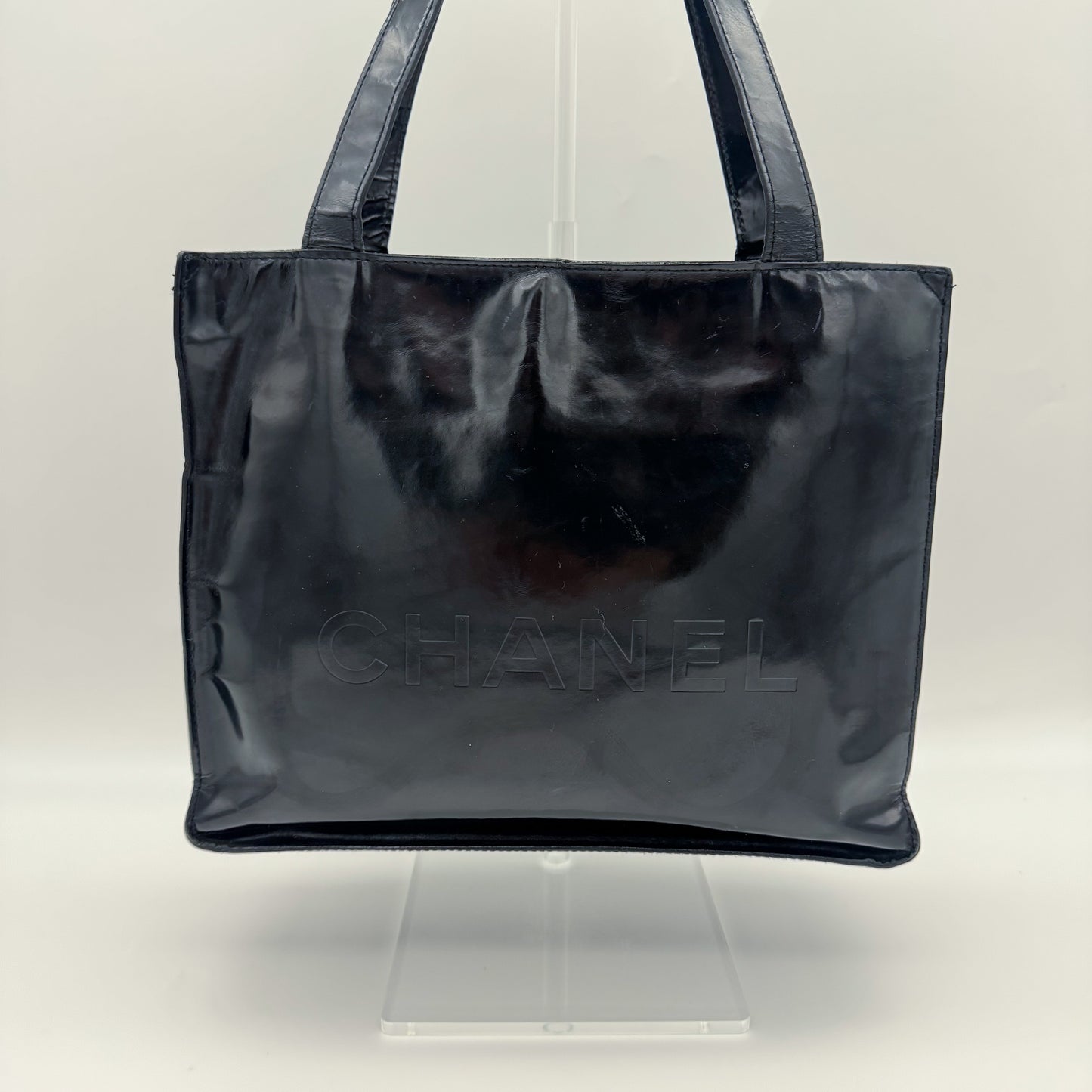 Chanel Patent Leather Logo Tote Bag Black
