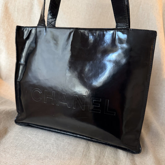 Chanel Patent Leather Logo Tote Bag Black