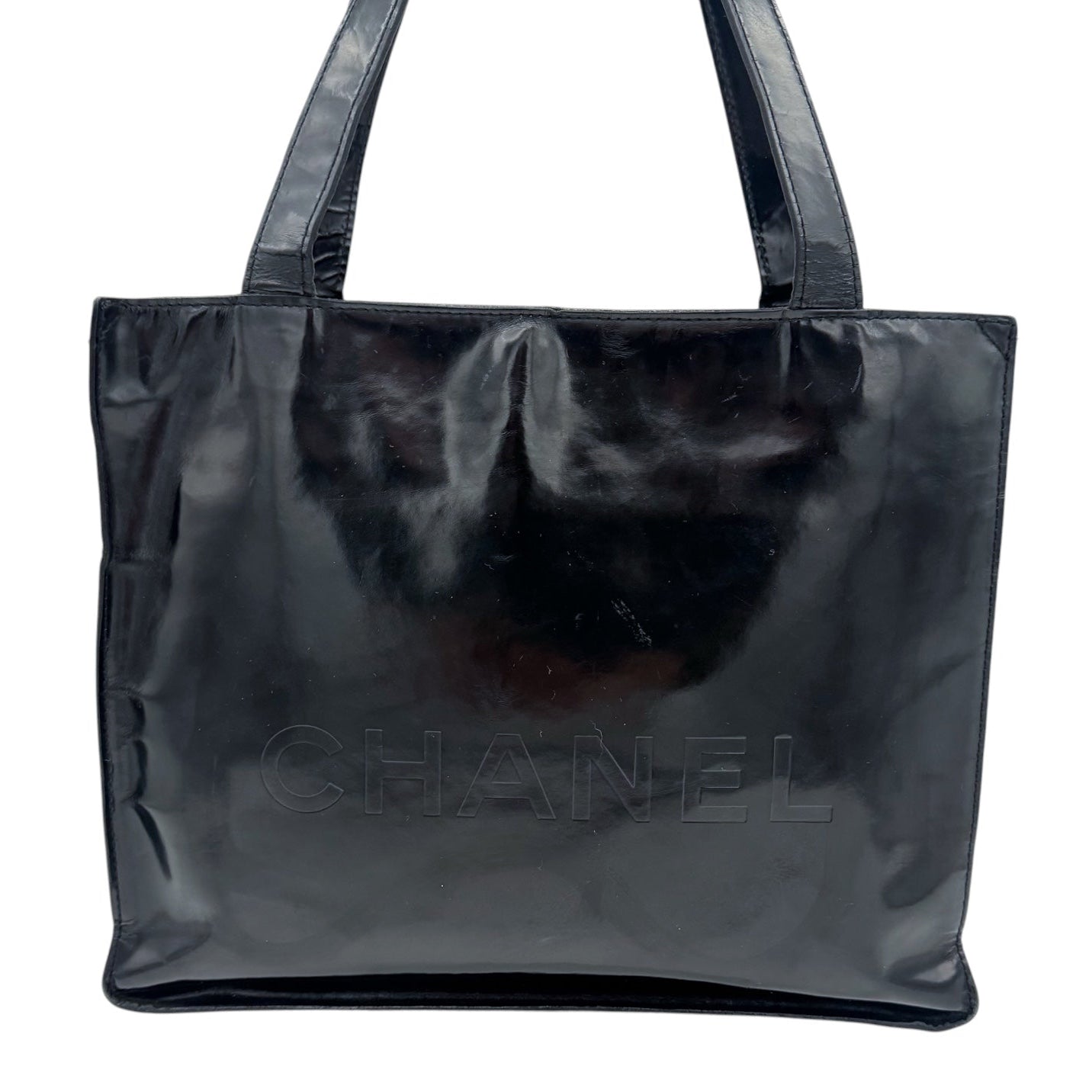 Chanel Patent Leather Logo Tote Bag Black