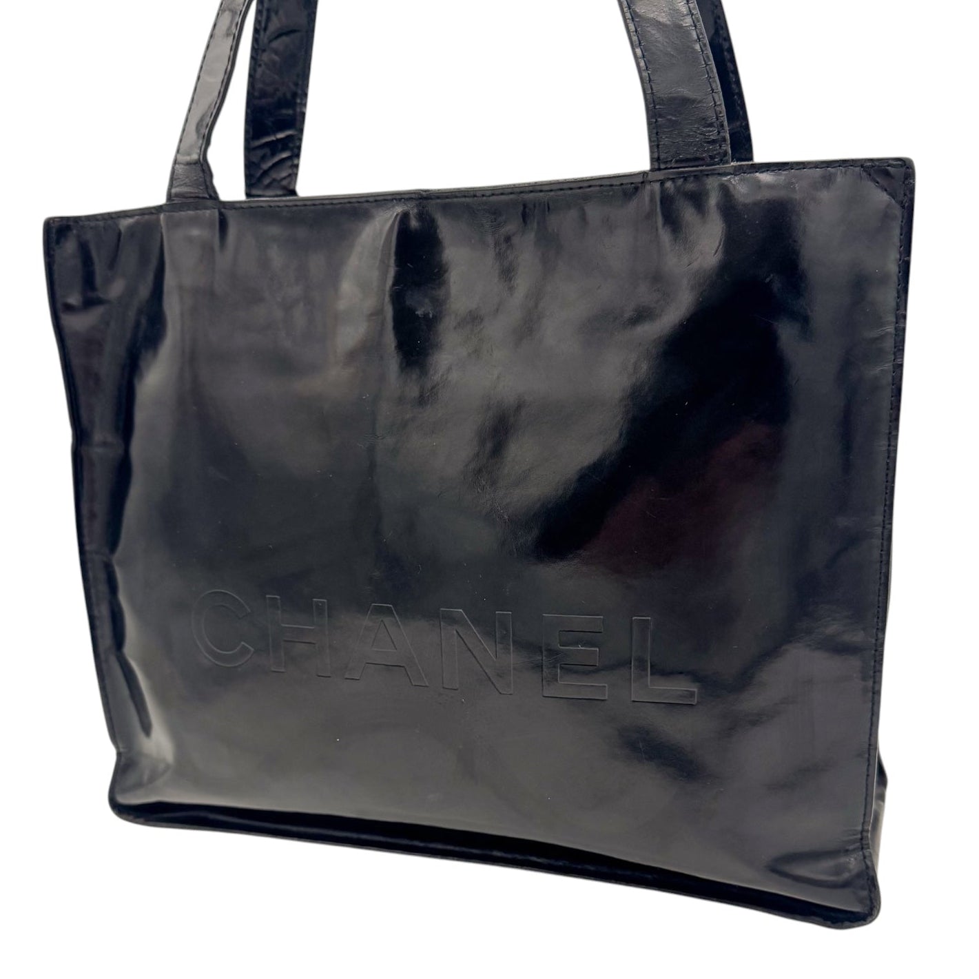 Chanel Patent Leather Logo Tote Bag Black