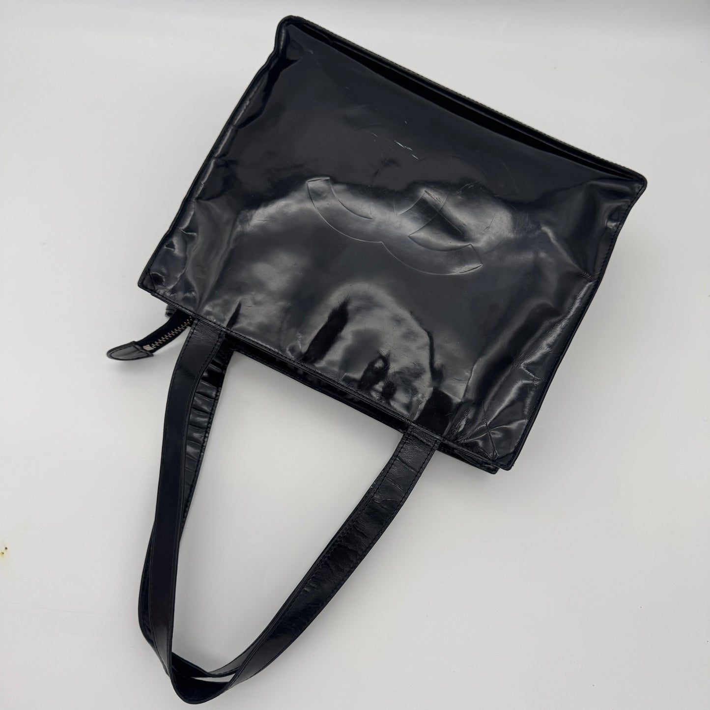 Chanel Patent Leather Logo Tote Bag Black